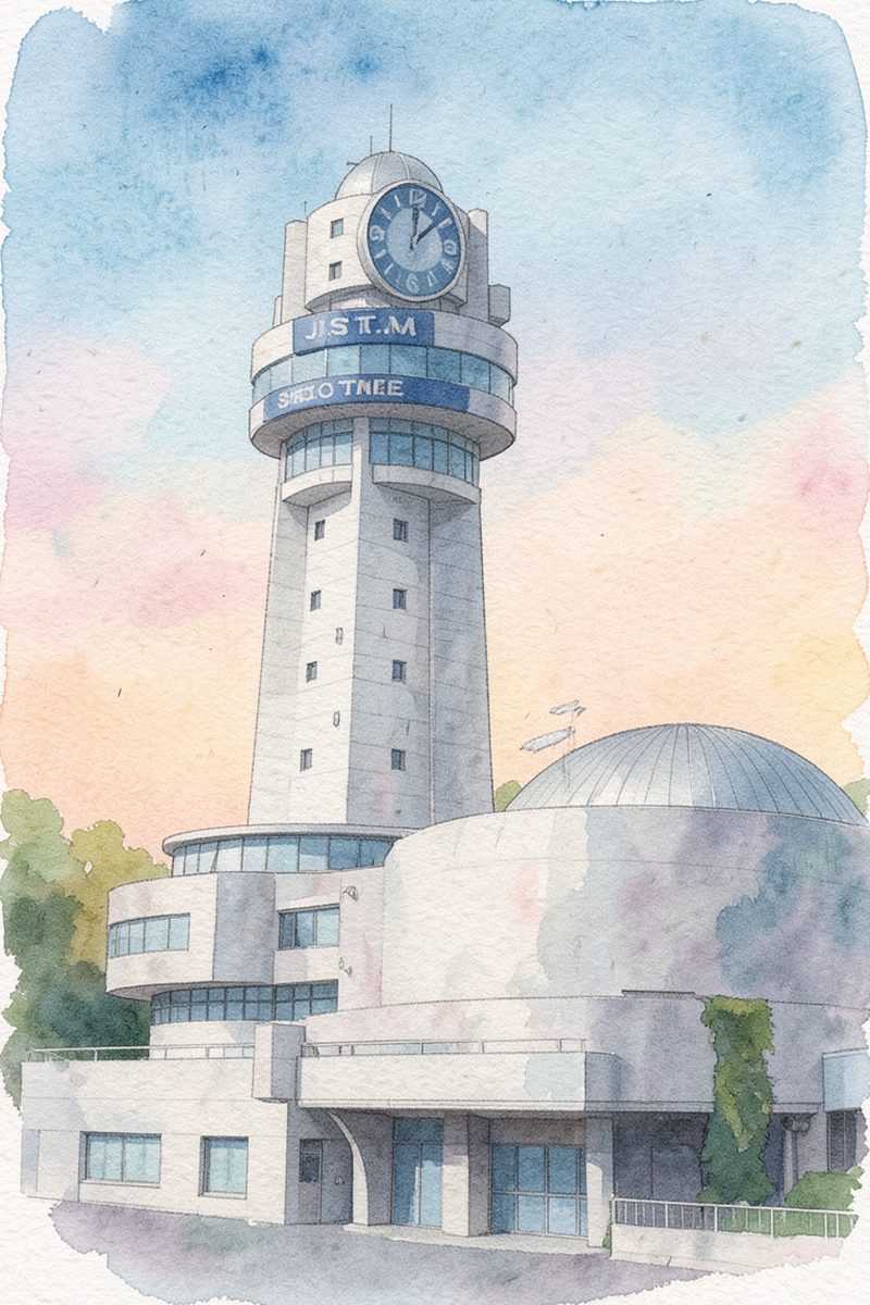 夕陽の明石市立天文科学館 展望室を描いた絵