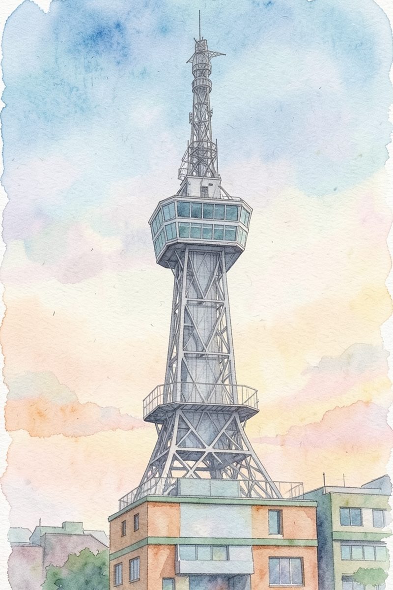 夕陽の別府タワーを描いた絵