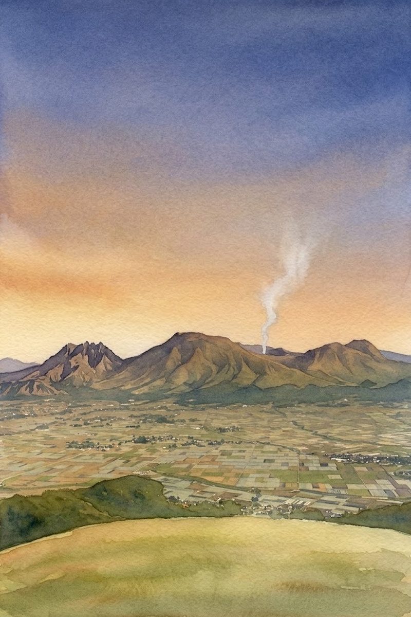 夕陽の大観峰を描いた絵