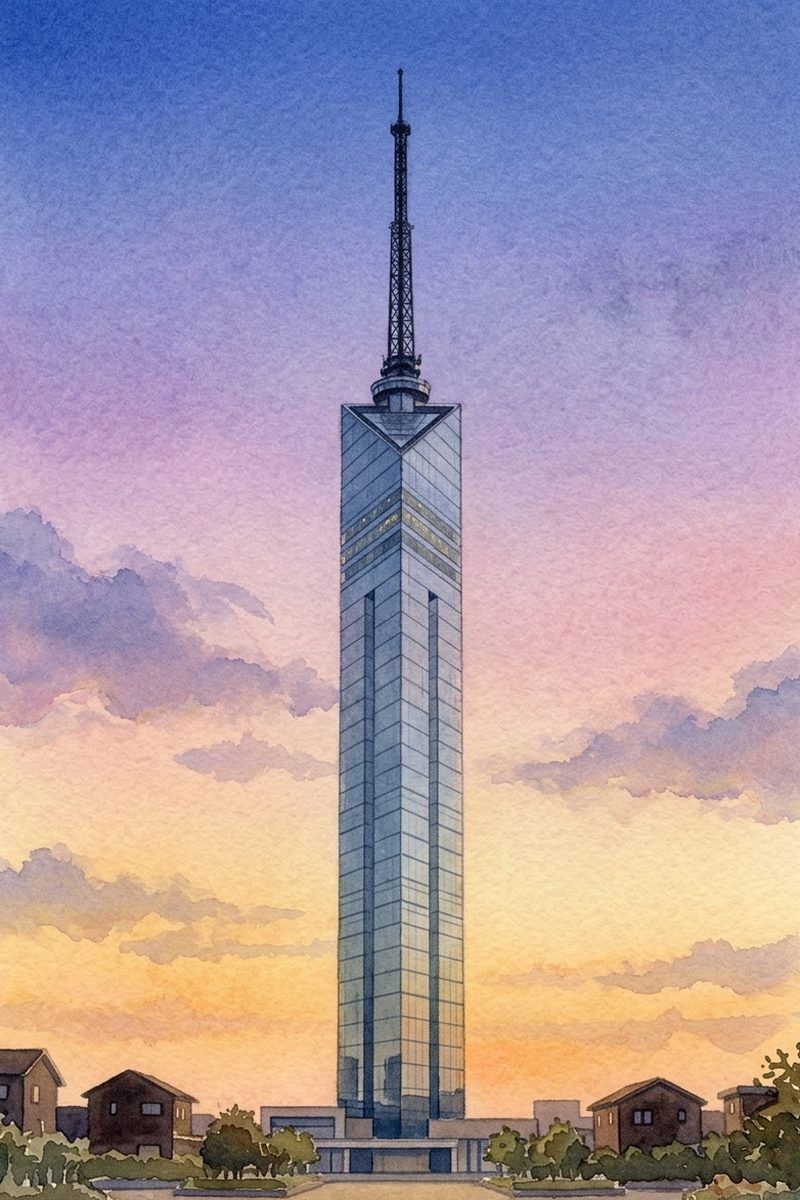 夕陽の福岡タワーを描いた絵