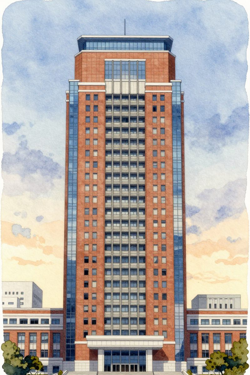 夕陽の群馬県庁 32階展望ホールを描いた絵