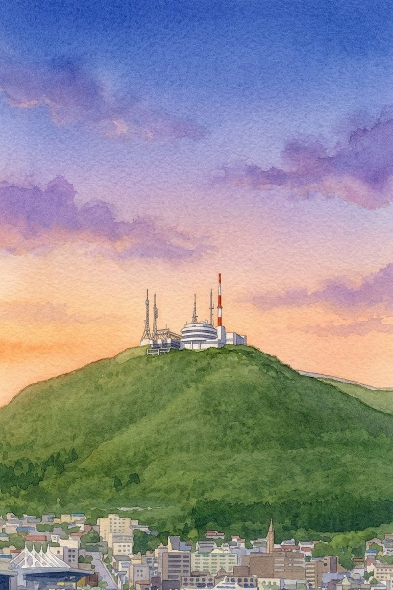 夕陽の函館山山頂展望台を描いた絵