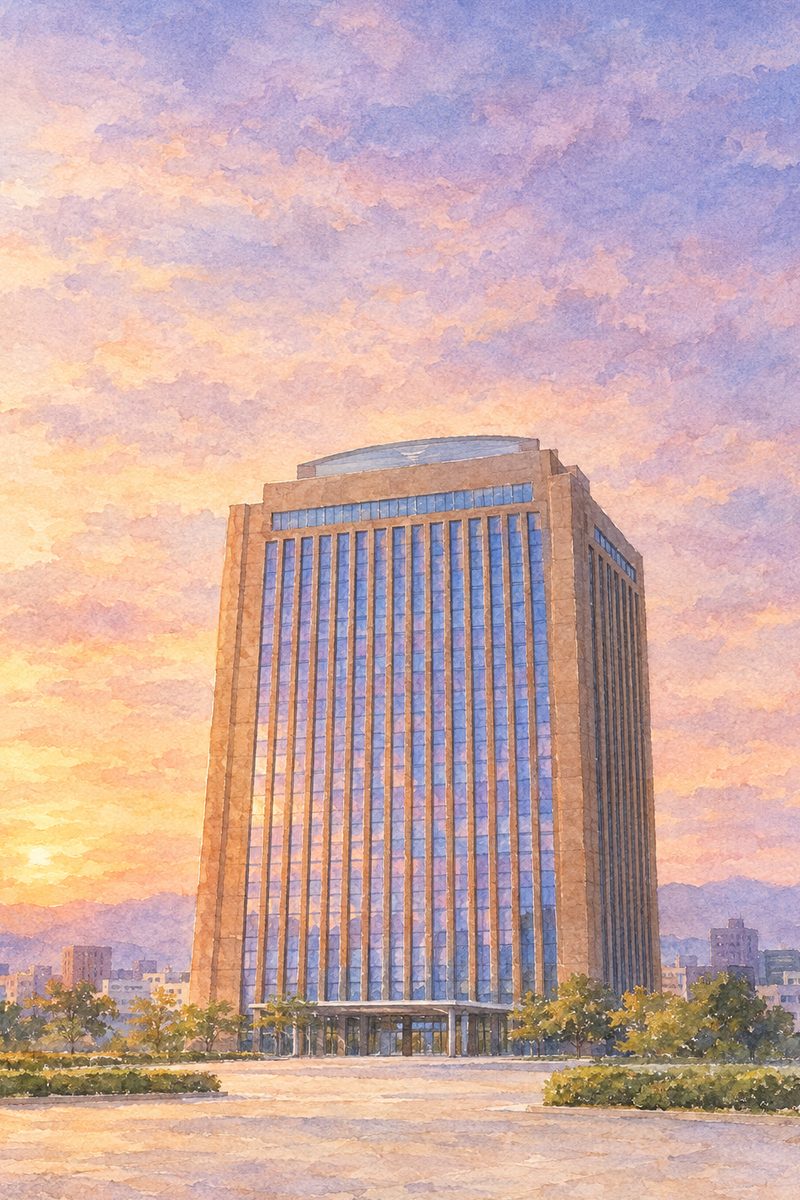夕陽の石川県庁 展望ロビーを描いた絵