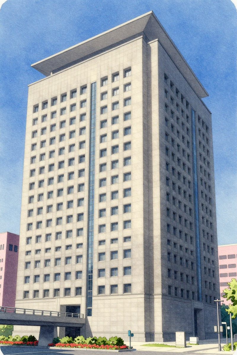 夕陽の鹿児島県庁 展望ロビーを描いた絵