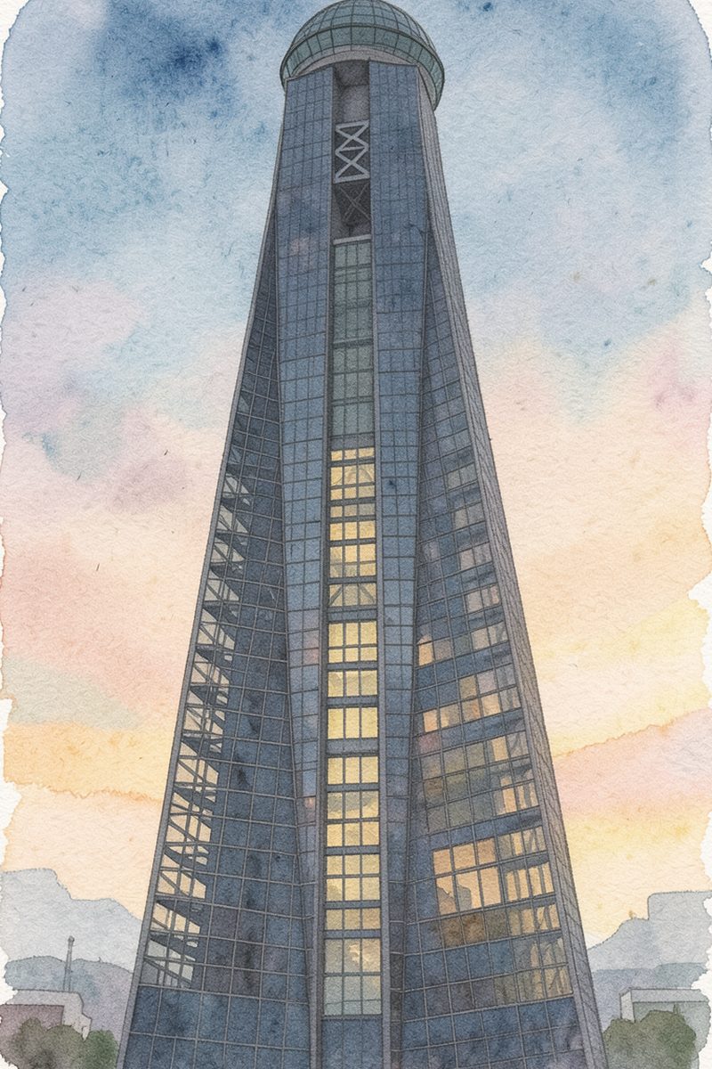 夕陽の海峡ゆめタワーを描いた絵