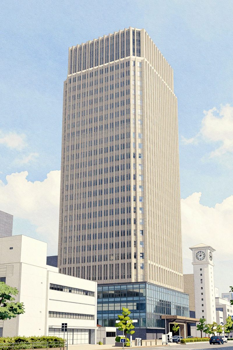 夕陽の川崎市役所 展望フロアを描いた絵