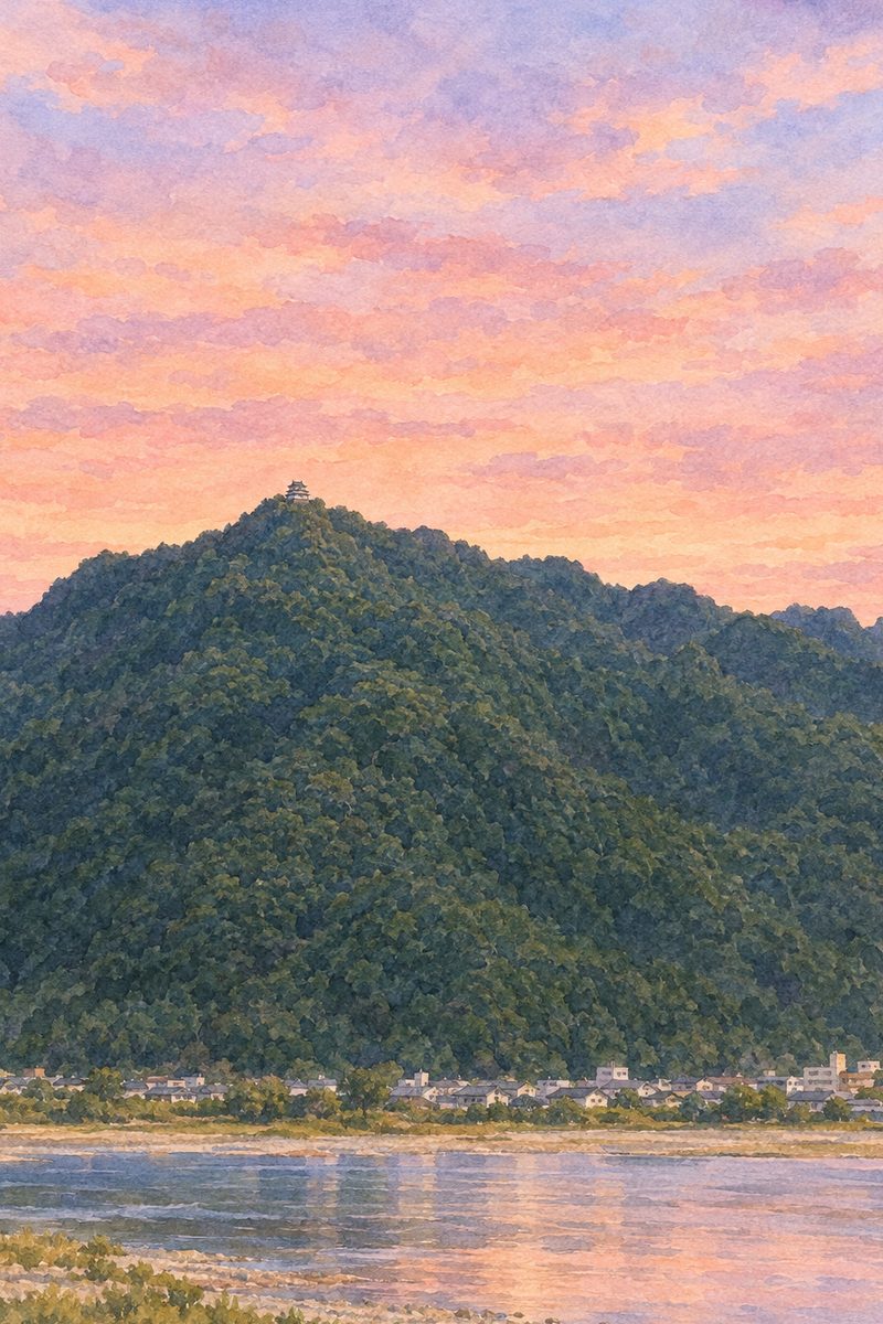 夕陽の金華山(岐阜城)を描いた絵