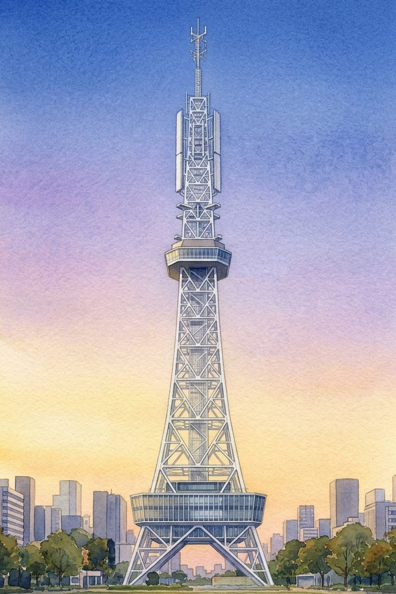 夕陽の中部電力 MIRAI TOWERを描いた絵