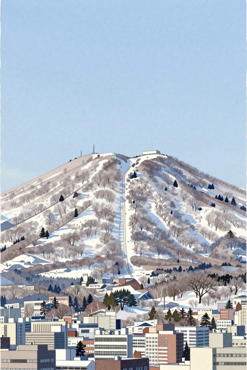 夕陽の藻岩山 山頂展望台を描いた絵