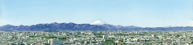 練馬区役所 展望ロビーの展望台の高さから、富士山の方角を向いて描いた絵