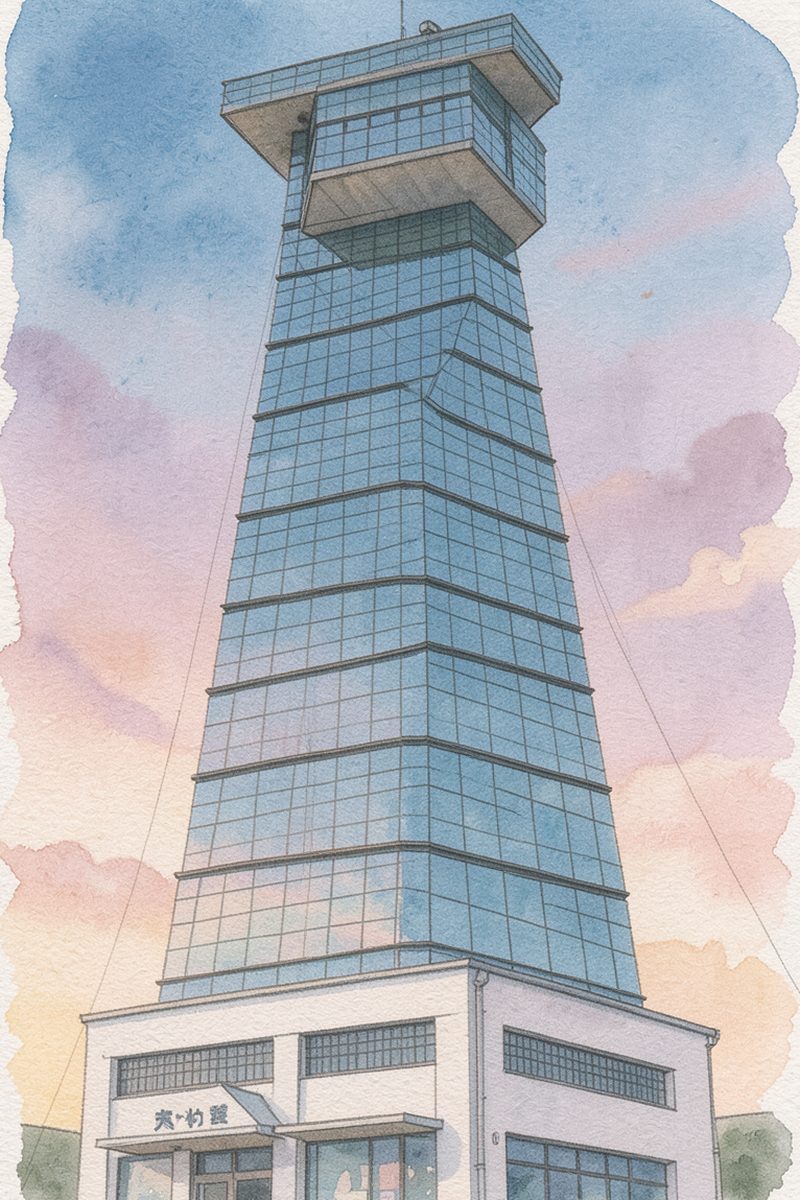 夕陽の大洗マリンタワーを描いた絵