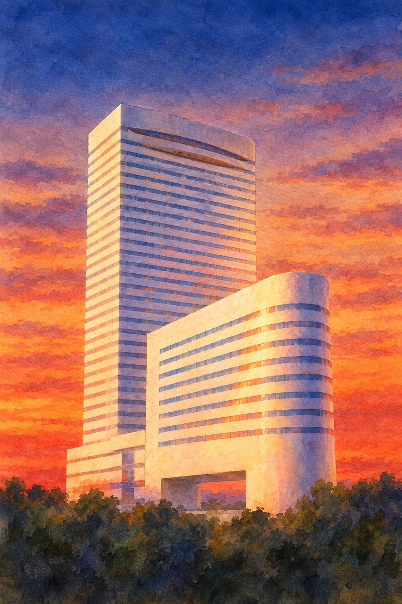 夕陽の大宮ソニックシティ TEPCO SONIC 展望室を描いた絵