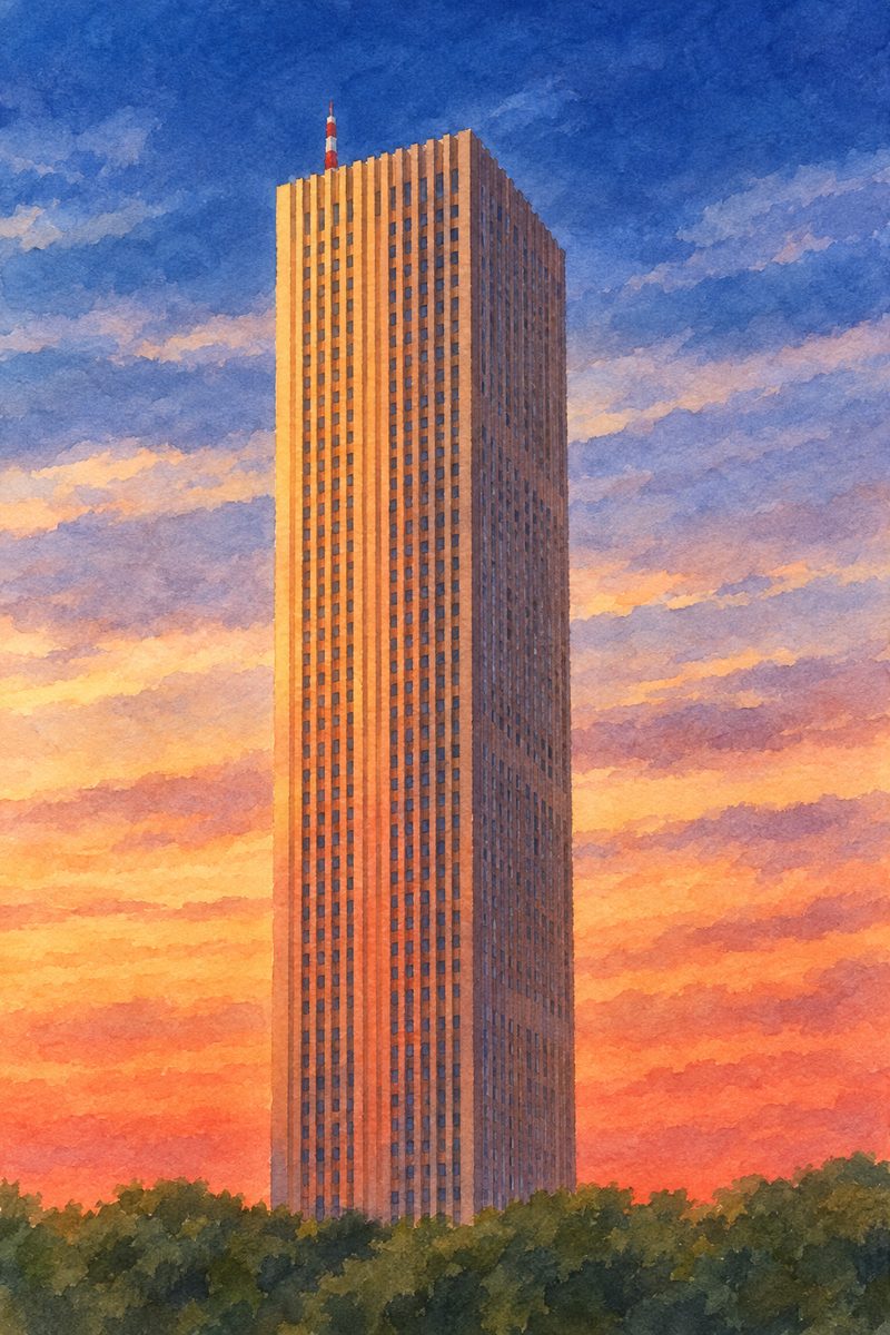 夕陽の新宿センタービル 展望ロビーを描いた絵