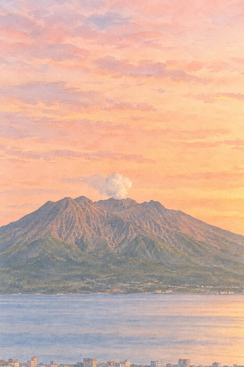 夕陽の城山展望台を描いた絵