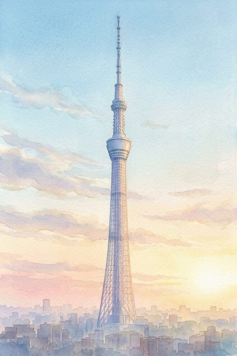 朝の東京スカイツリーを描いた絵