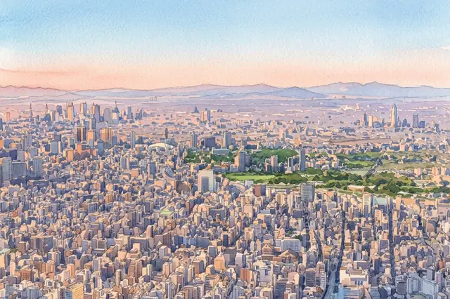 東京スカイツリーの展望台の高さから、西を向いて描いた絵