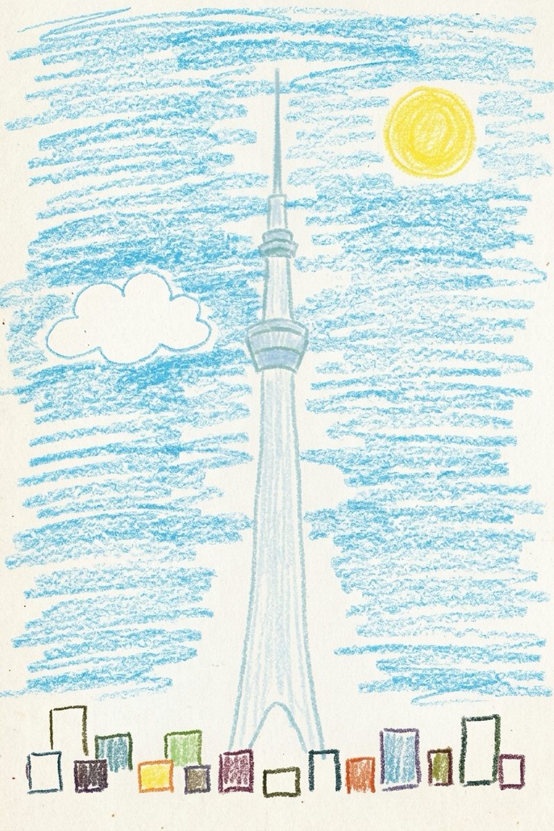 クレヨンで描いた東京スカイツリーの絵