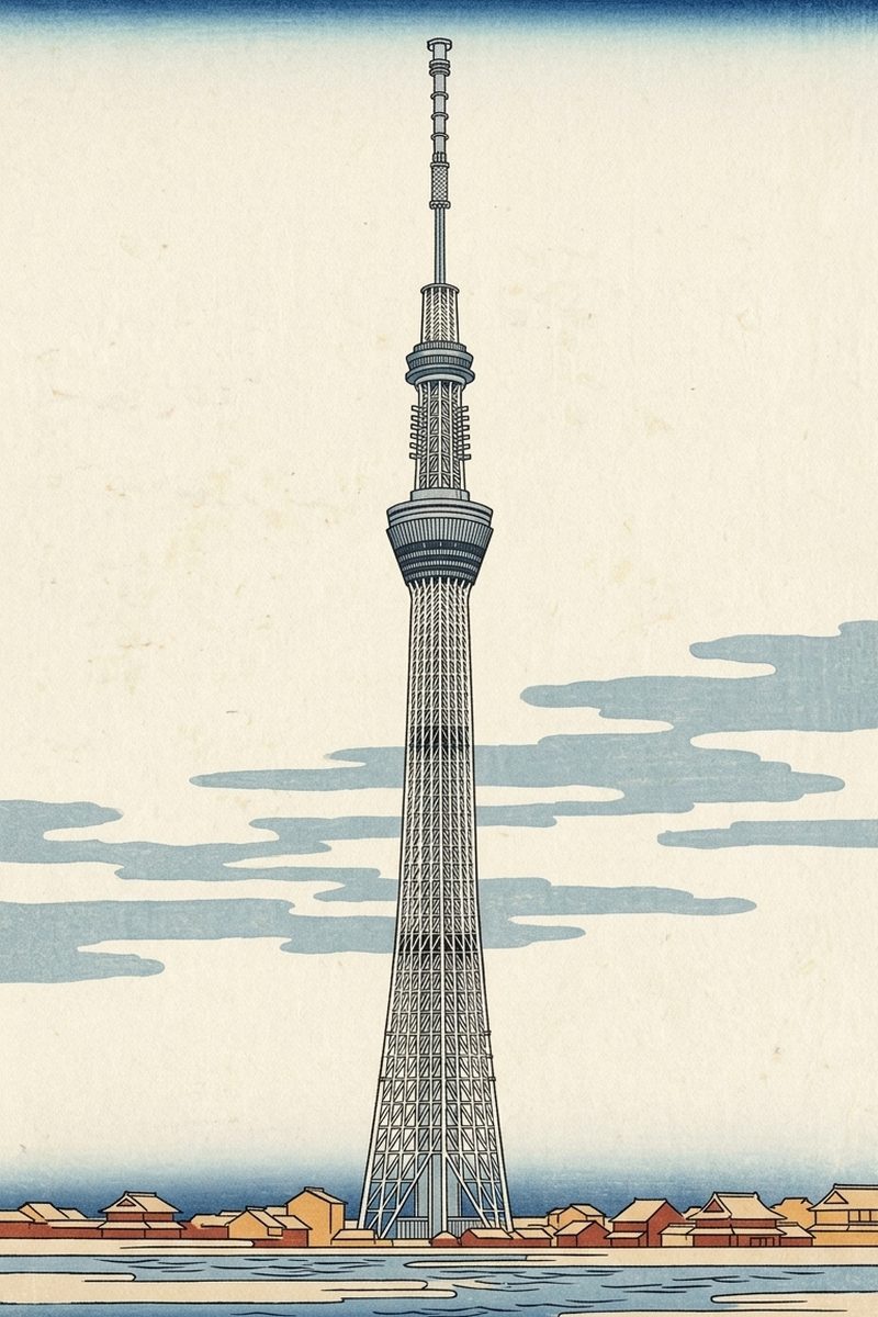 浮世絵ふうに描いた東京スカイツリーの絵