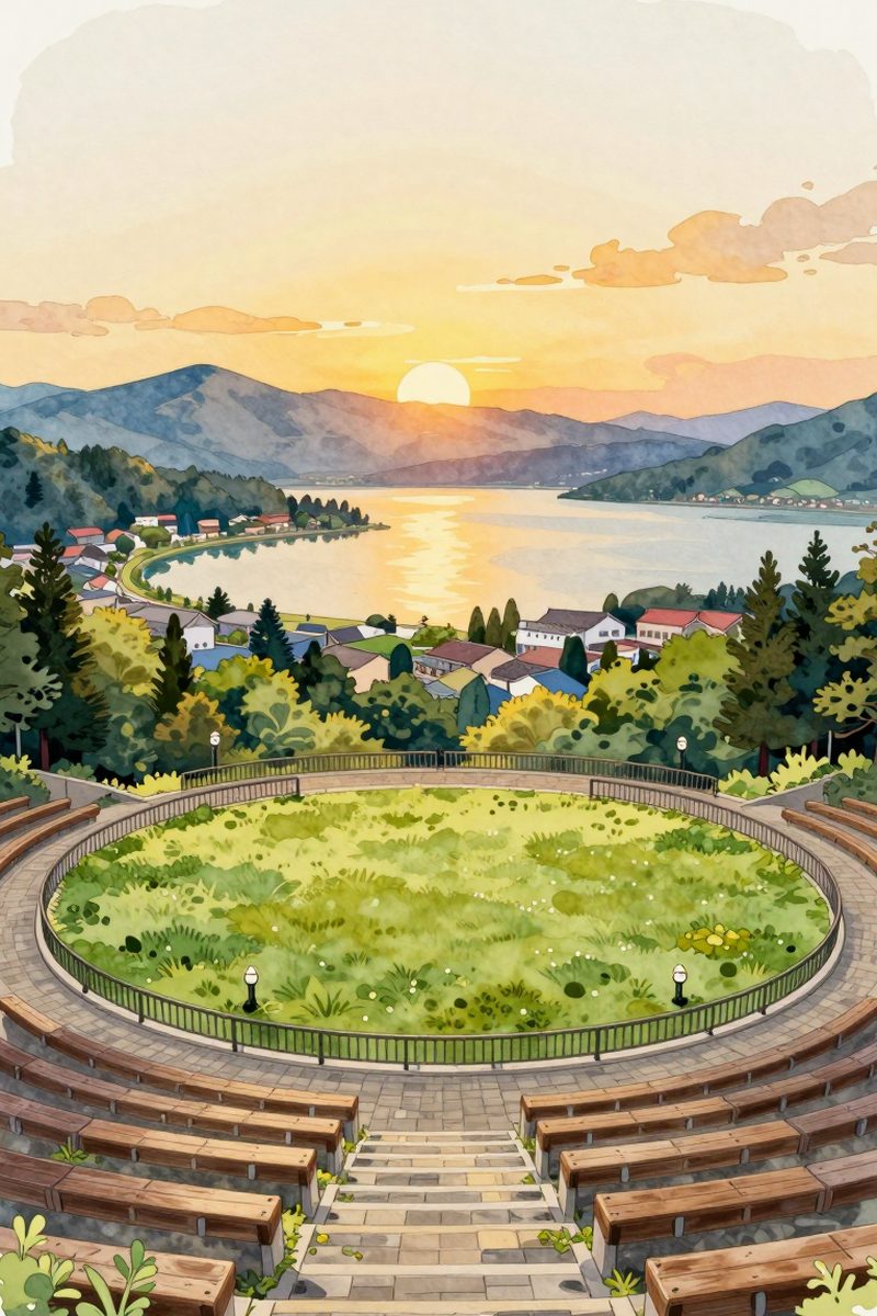 夕陽の立石公園を描いた絵