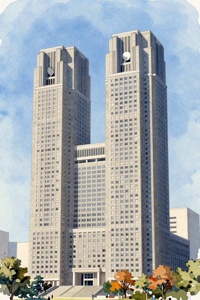夕陽の東京都庁展望室を描いた絵