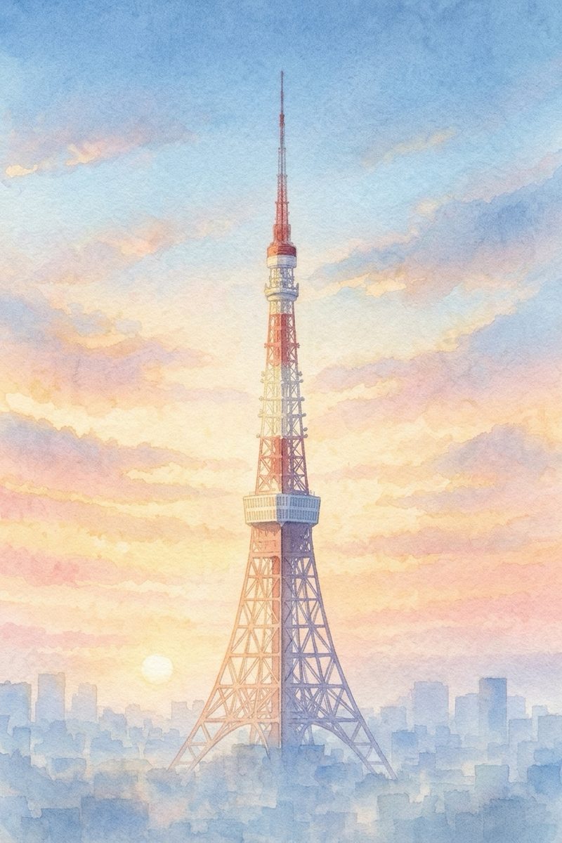 朝の東京タワーを描いた絵