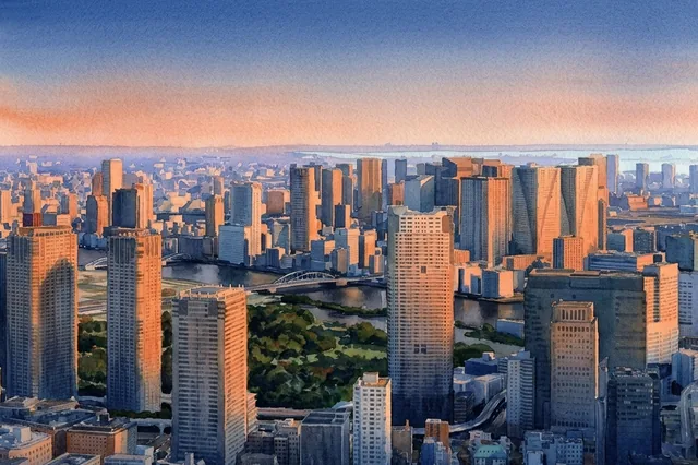 東京タワーの展望台の高さから、東を向いて描いた絵