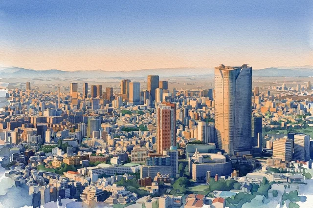 東京タワーの展望台の高さから、西を向いて描いた絵