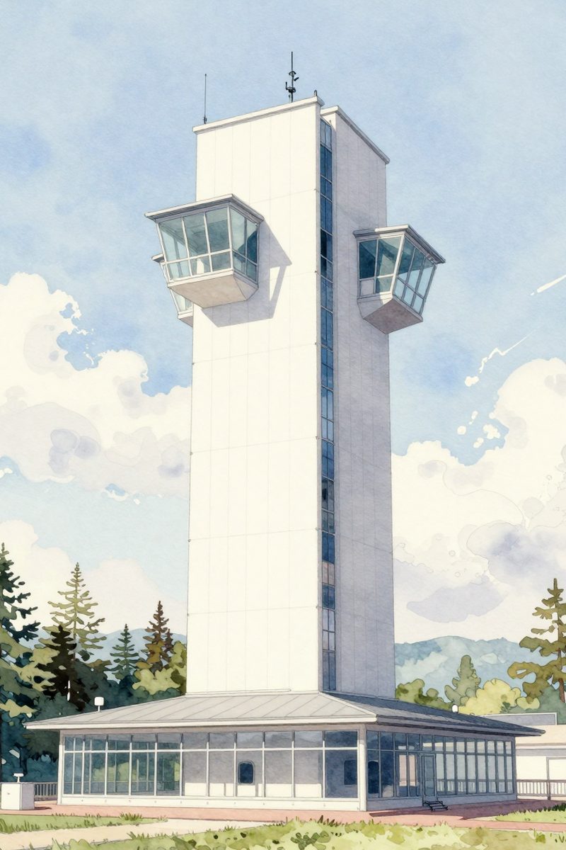 夕陽の苫小牧市 緑ケ丘公園展望台を描いた絵