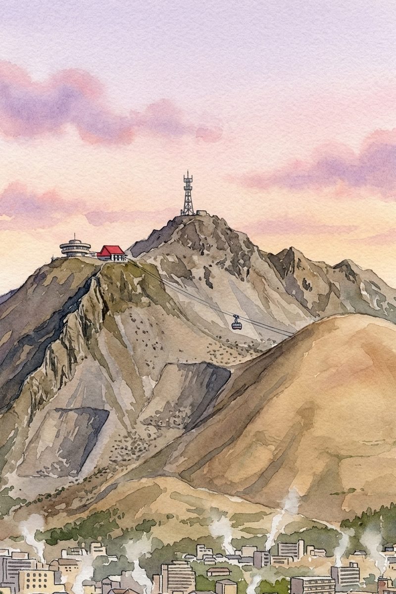 夕陽の鶴見岳（別府ロープウェイ）を描いた絵
