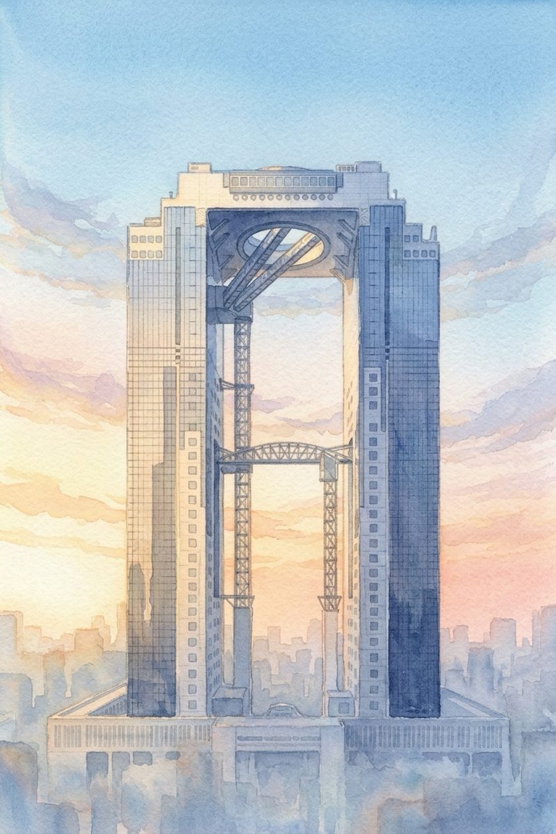 朝の梅田スカイビル 空中庭園展望台を描いた絵